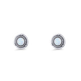Floral Boho Stud Earring 7.4mm Oxidized Lab Created Opal 925 Sterling Silver