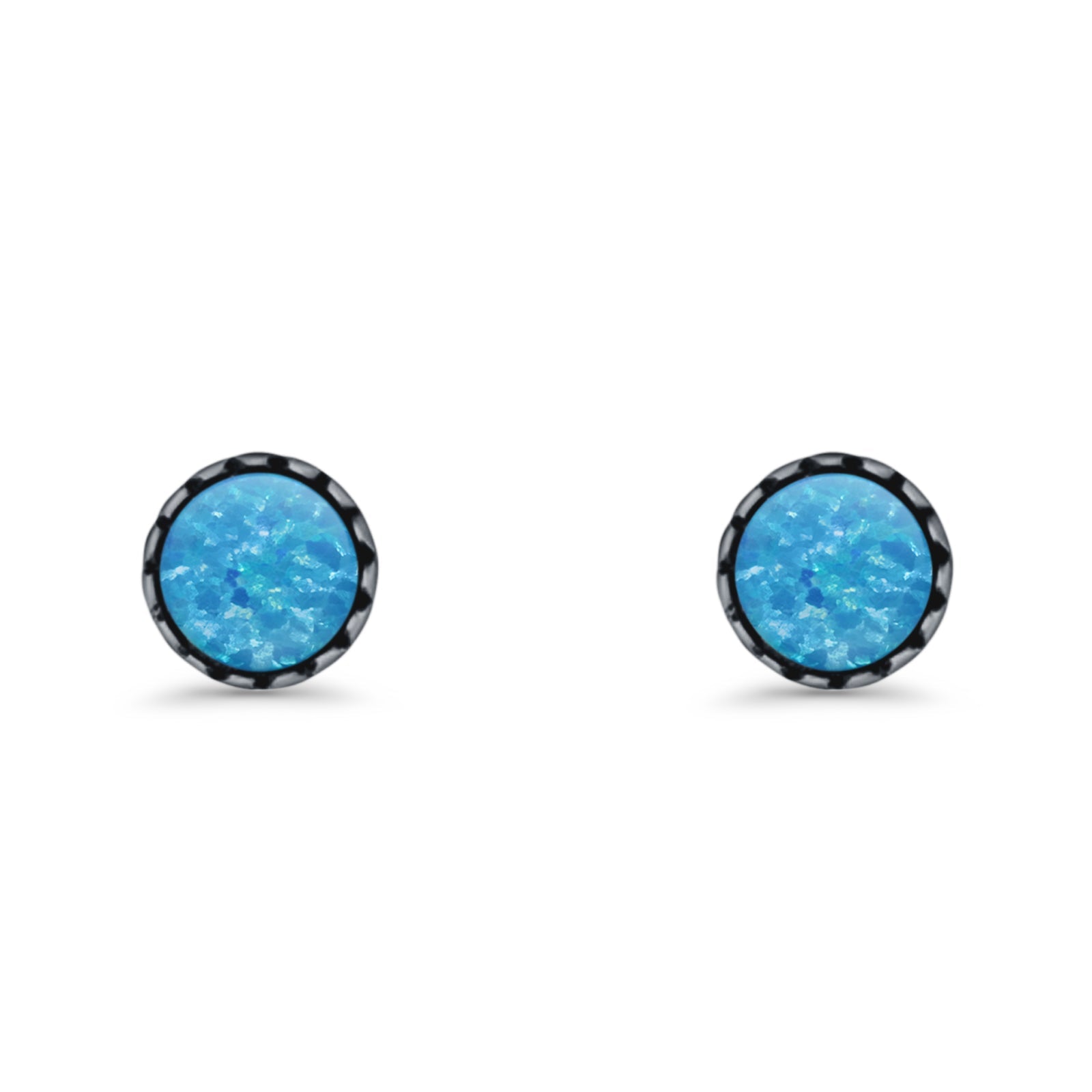 Round Lab Created Opal Stud Earring Oxidized 925 Sterling Silver