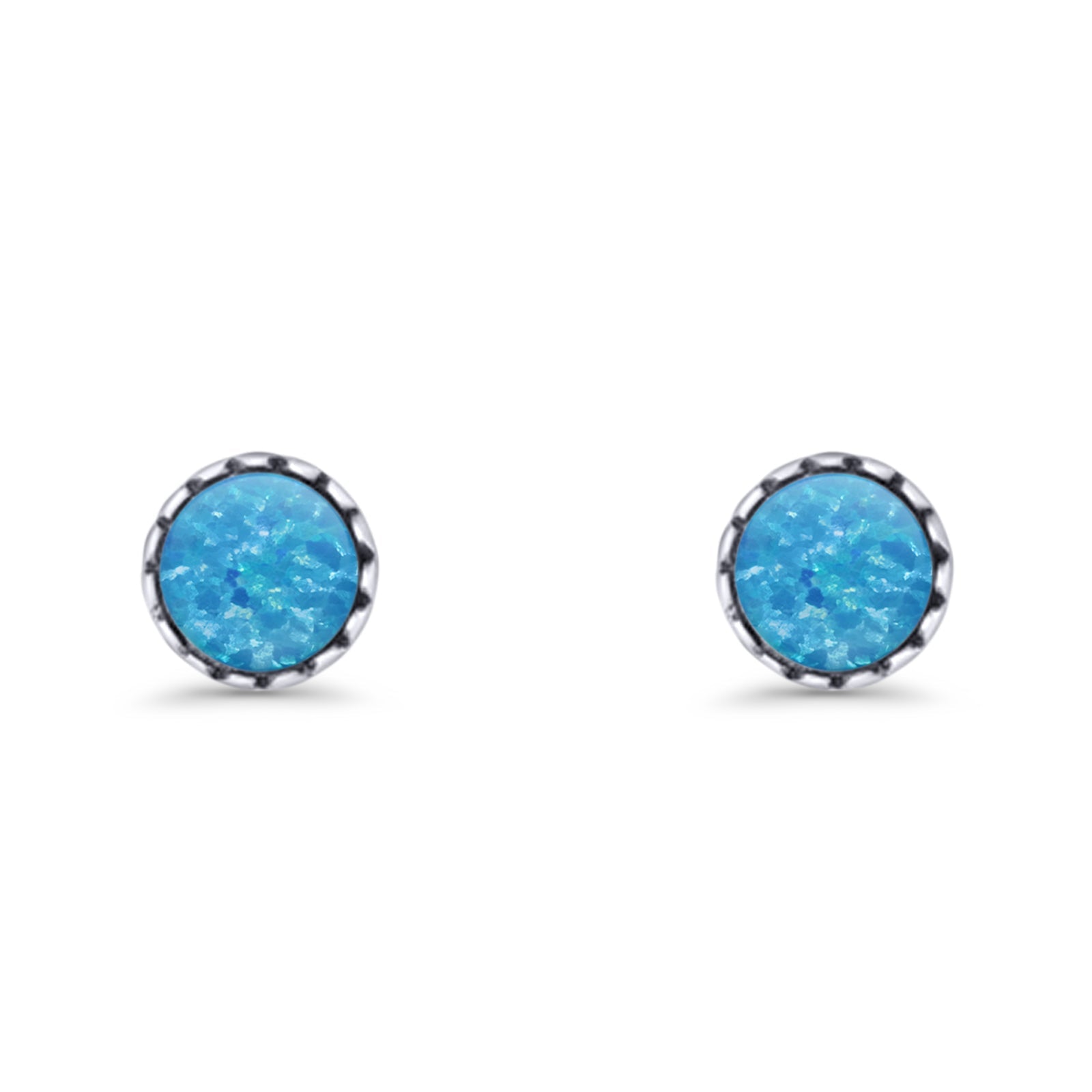 Round Lab Created Opal Stud Earring Oxidized 925 Sterling Silver