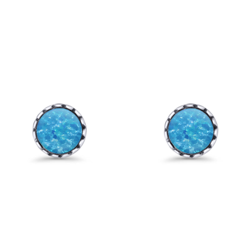 Round Lab Created Opal Stud Earring Oxidized 925 Sterling Silver