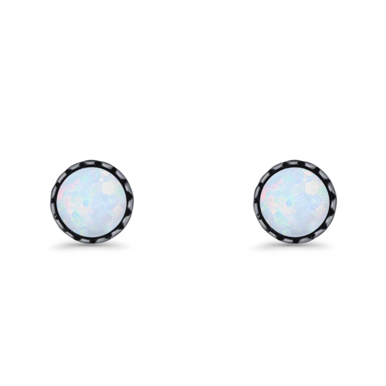 Round Lab Created Opal Stud Earring Oxidized 925 Sterling Silver