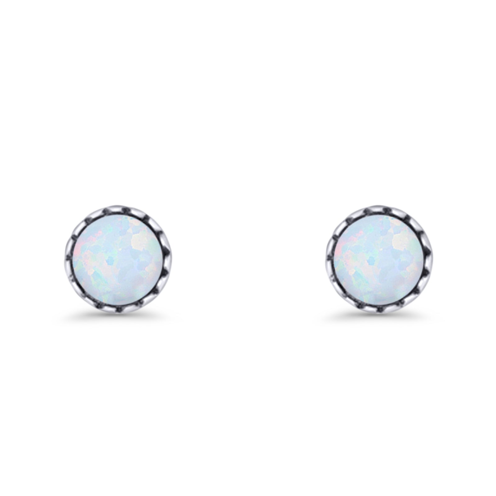 Round Lab Created Opal Stud Earring Oxidized 925 Sterling Silver