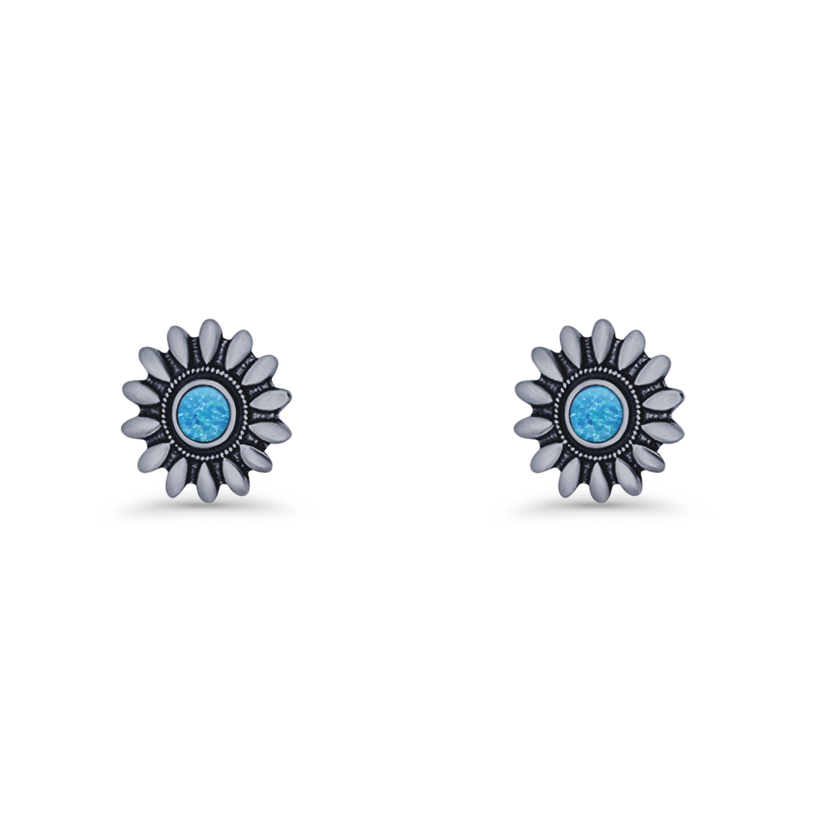 Sunflower Stud Earring 8.6mm Lab Created Opal Oxidized 925 Sterling Silver
