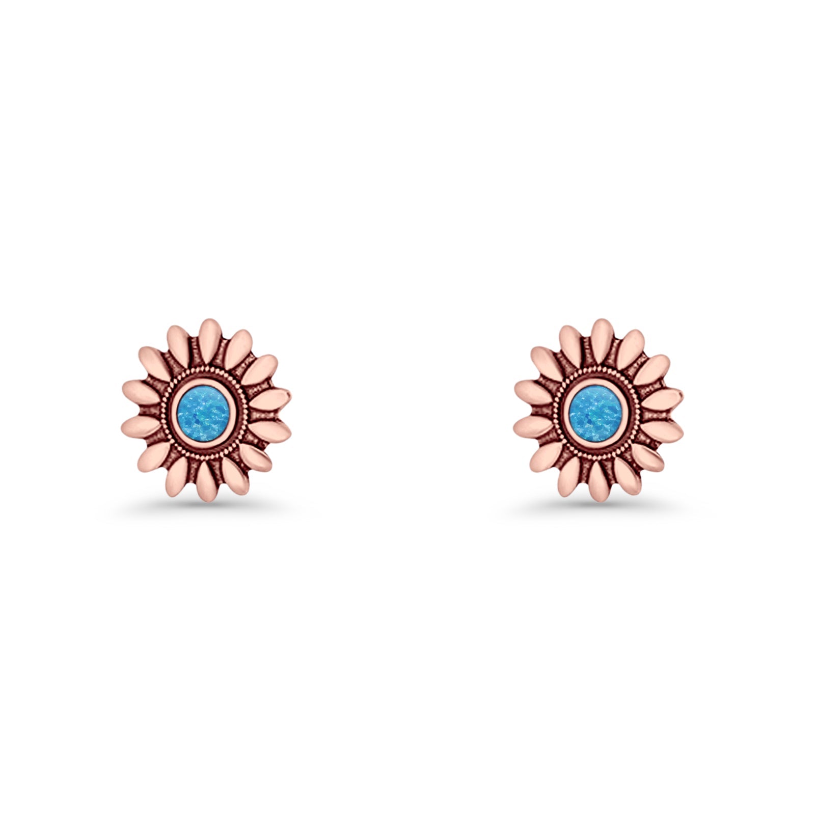 Sunflower Stud Earring 8.6mm Lab Created Opal Oxidized 925 Sterling Silver