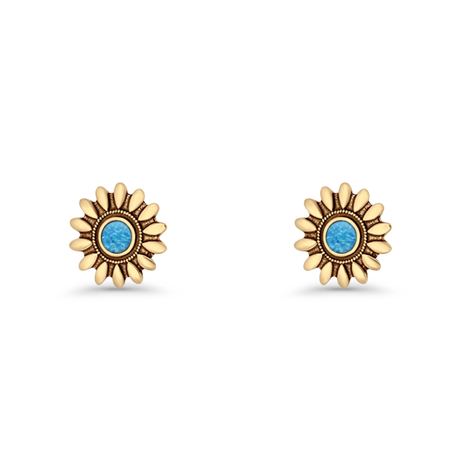 Sunflower Stud Earring 8.6mm Lab Created Opal Oxidized 925 Sterling Silver