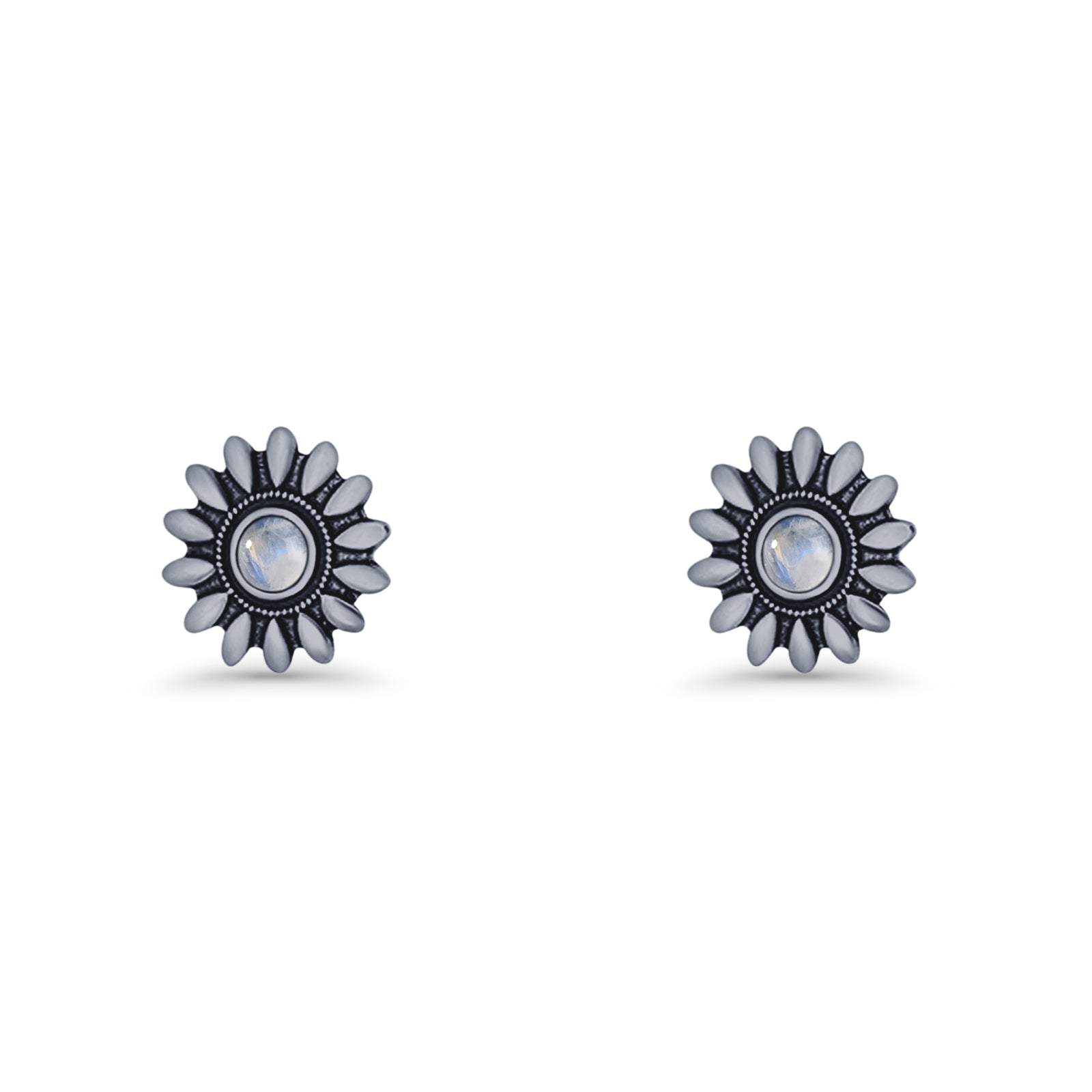 Sunflower Stud Earring 8.6mm Lab Created Opal Oxidized 925 Sterling Silver