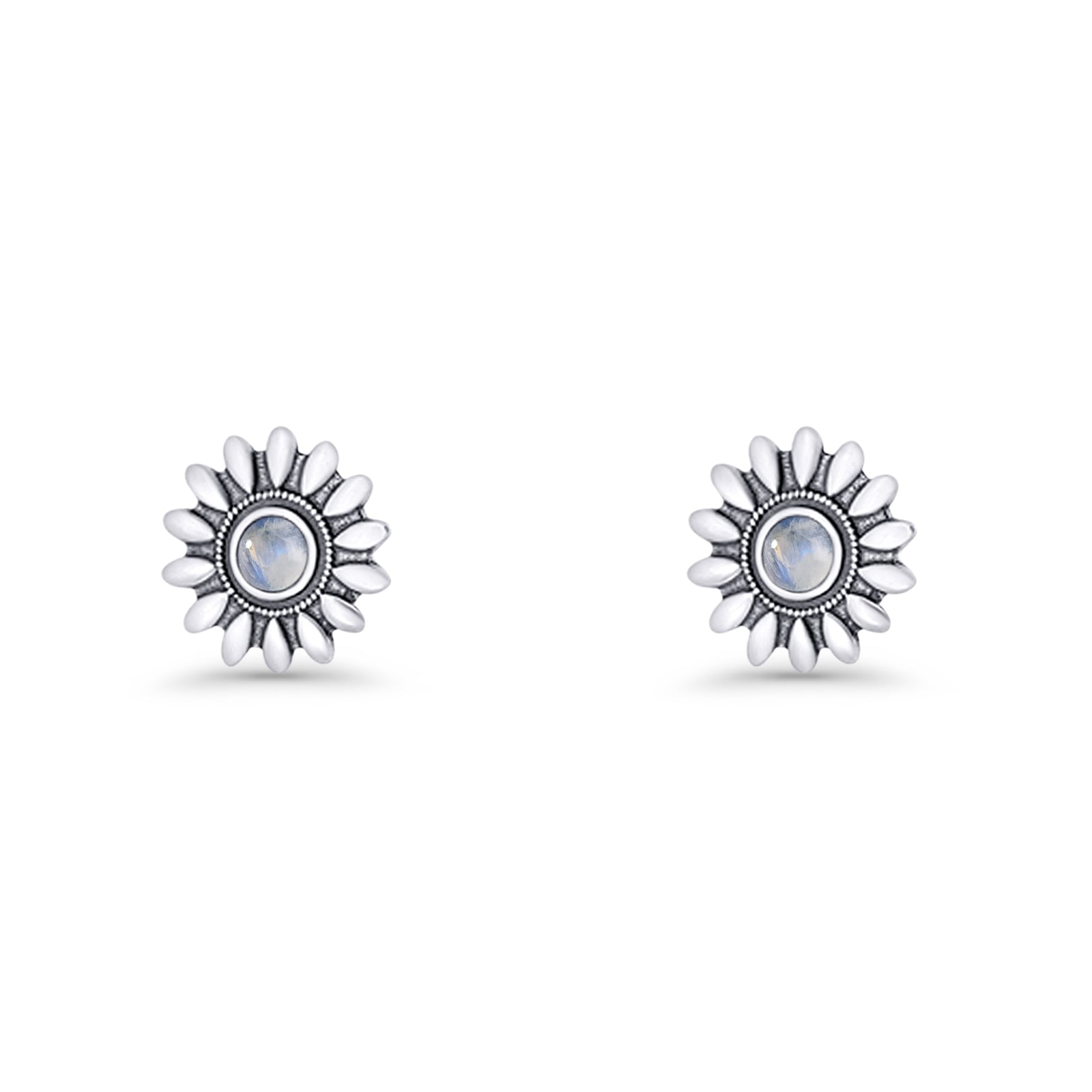 Sunflower Stud Earring 8.6mm Lab Created Opal Oxidized 925 Sterling Silver