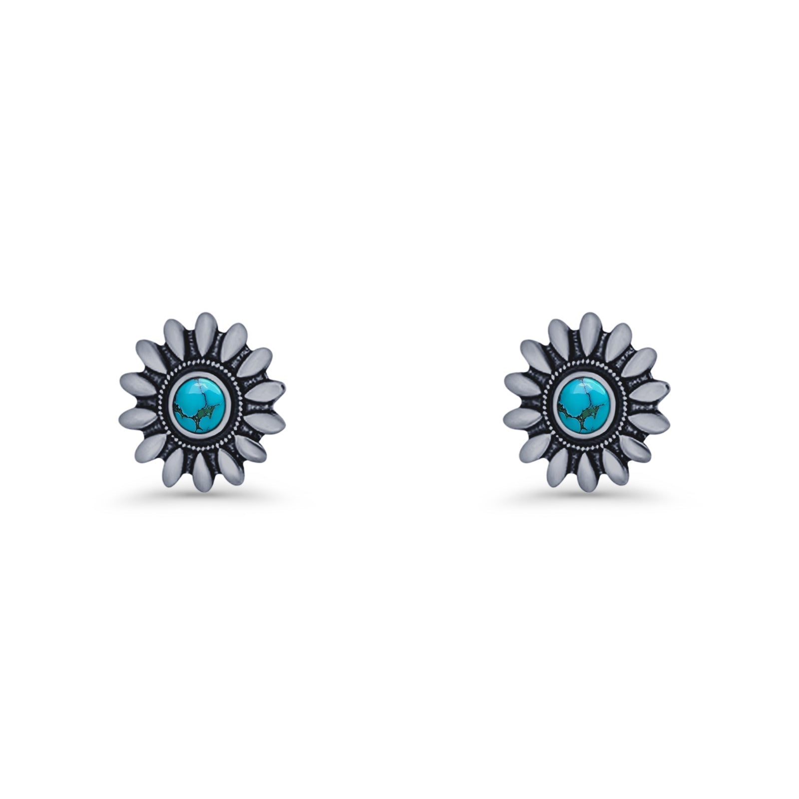 Sunflower Stud Earring 8.6mm Lab Created Opal Oxidized 925 Sterling Silver