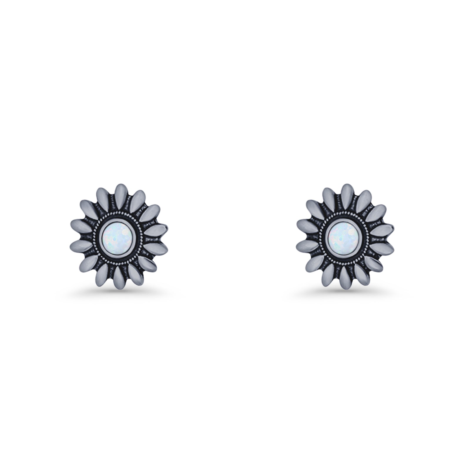 Sunflower Stud Earring 8.6mm Lab Created Opal Oxidized 925 Sterling Silver
