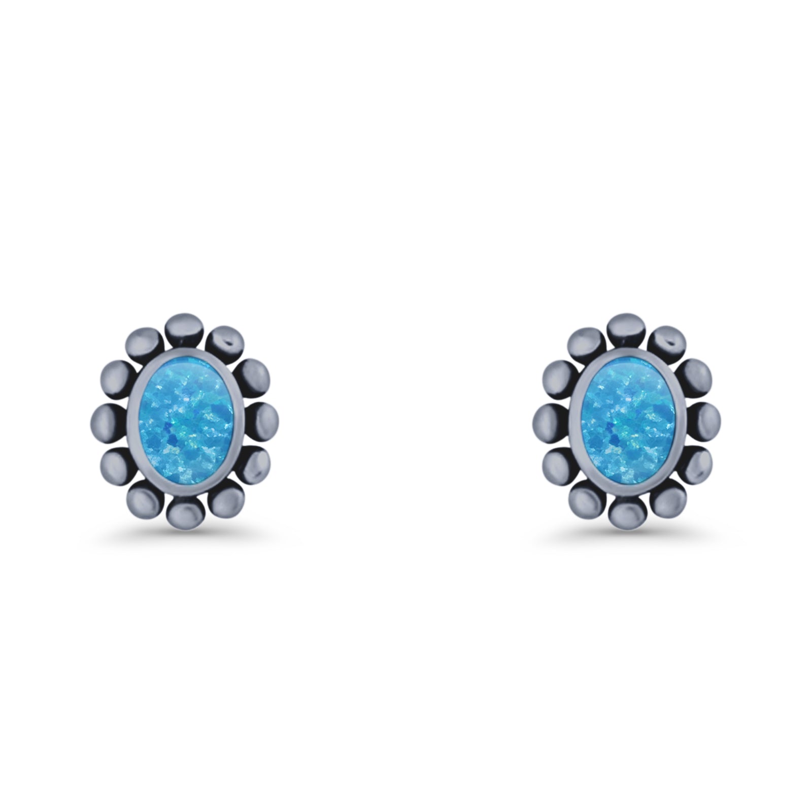 Oval Shaped Beaded Stud Earring 8mm Lab Created Opal 925 Sterling Silver