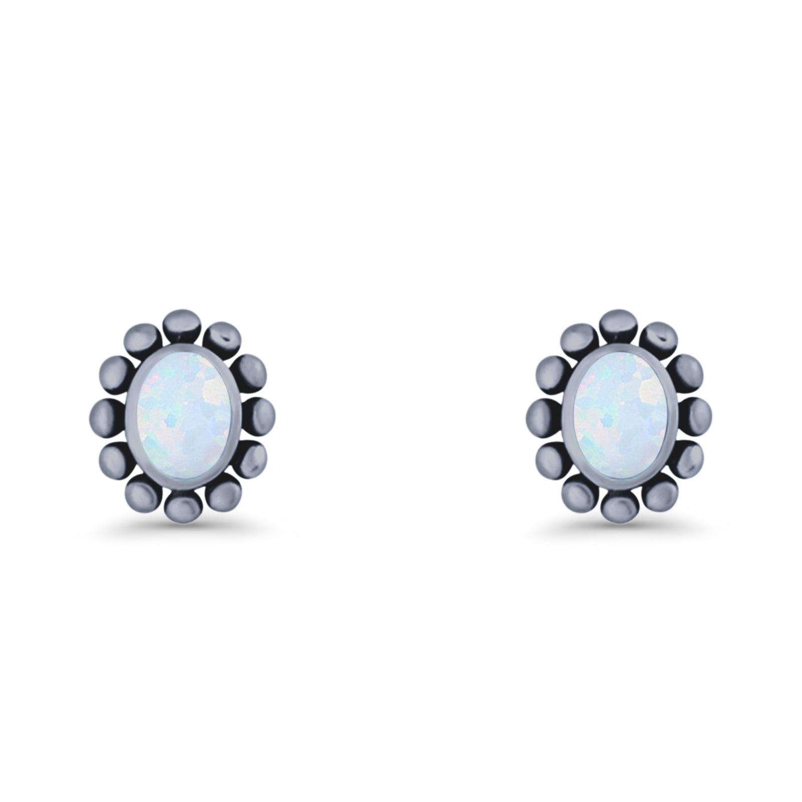 Oval Shaped Beaded Stud Earring 8mm Lab Created Opal 925 Sterling Silver