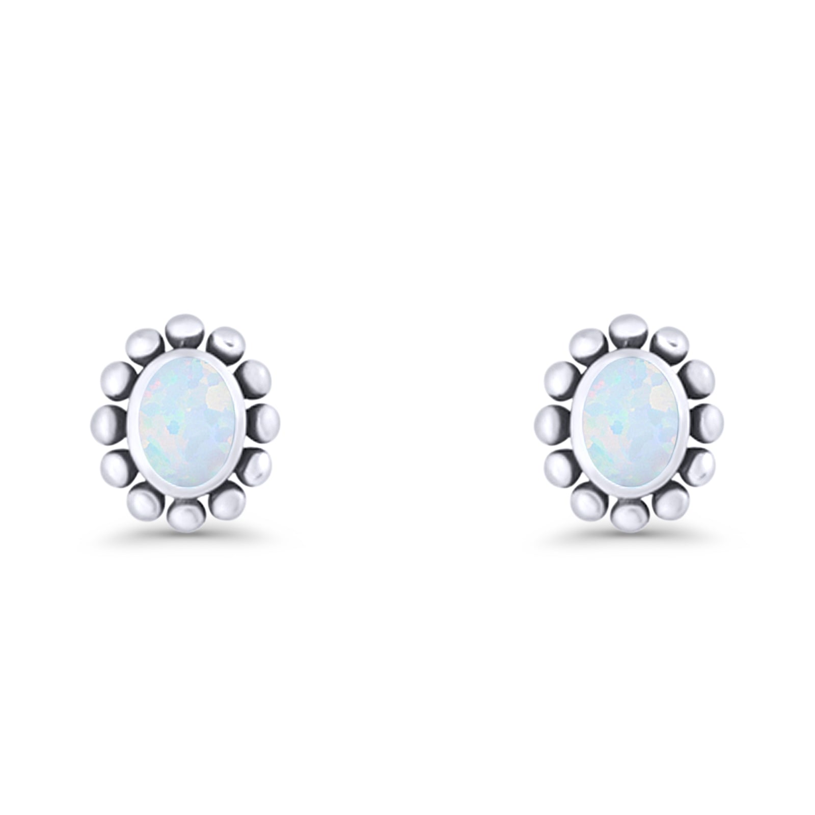 Oval Shaped Beaded Stud Earring 8mm Lab Created Opal 925 Sterling Silver