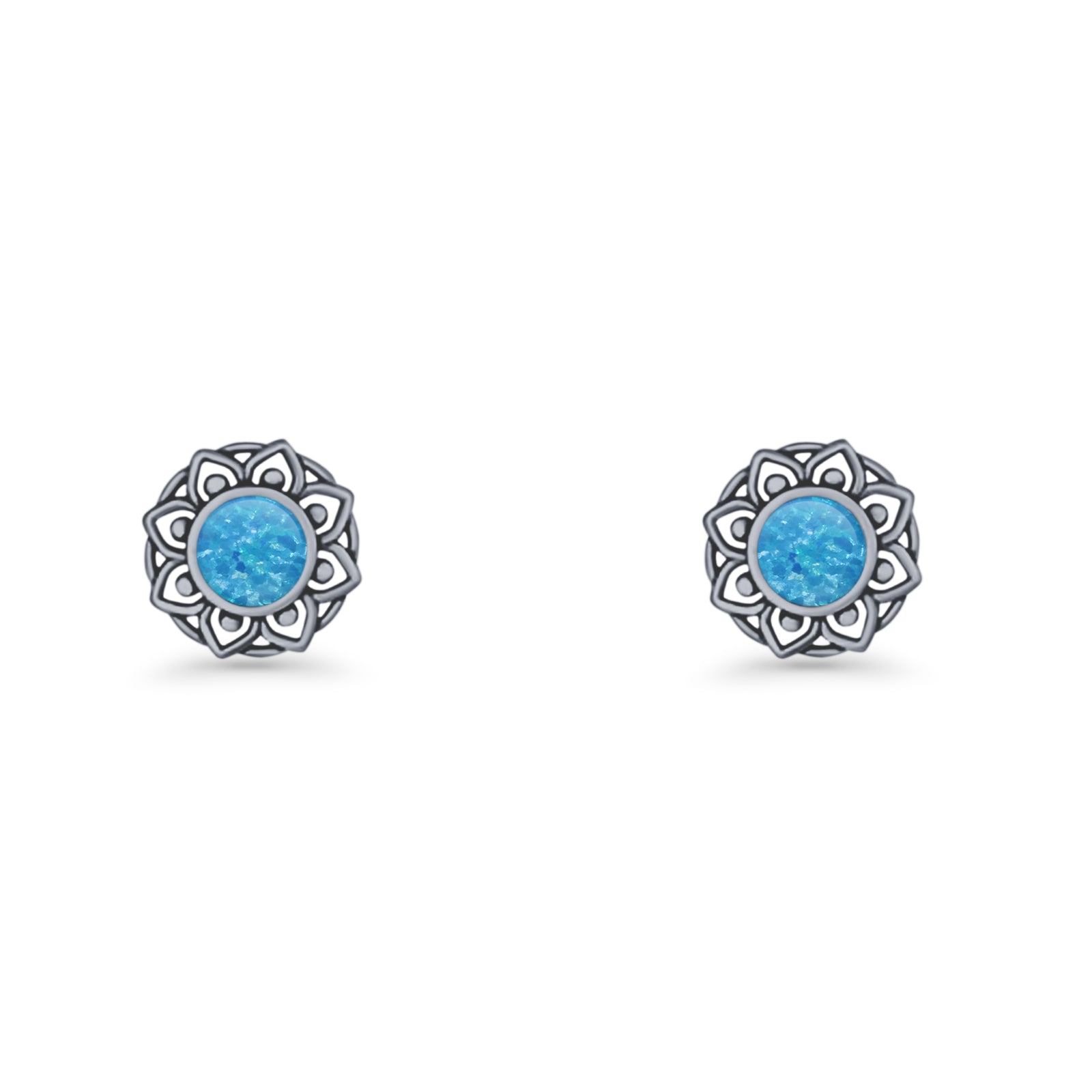 Sunflower Stud Earring 8.8mm Lab Created Opal Oxidized 925 Sterling Silver
