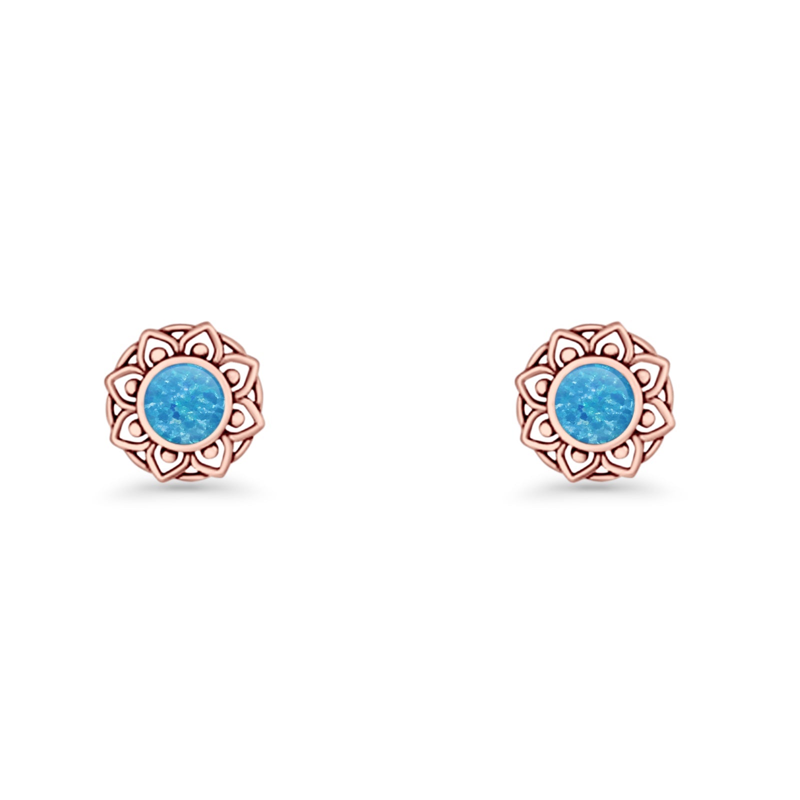 Sunflower Stud Earring 8.8mm Lab Created Opal Oxidized 925 Sterling Silver