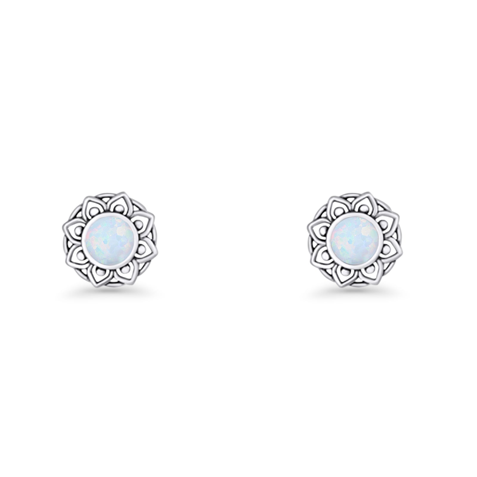 Sunflower Stud Earring 8.8mm Lab Created Opal Oxidized 925 Sterling Silver