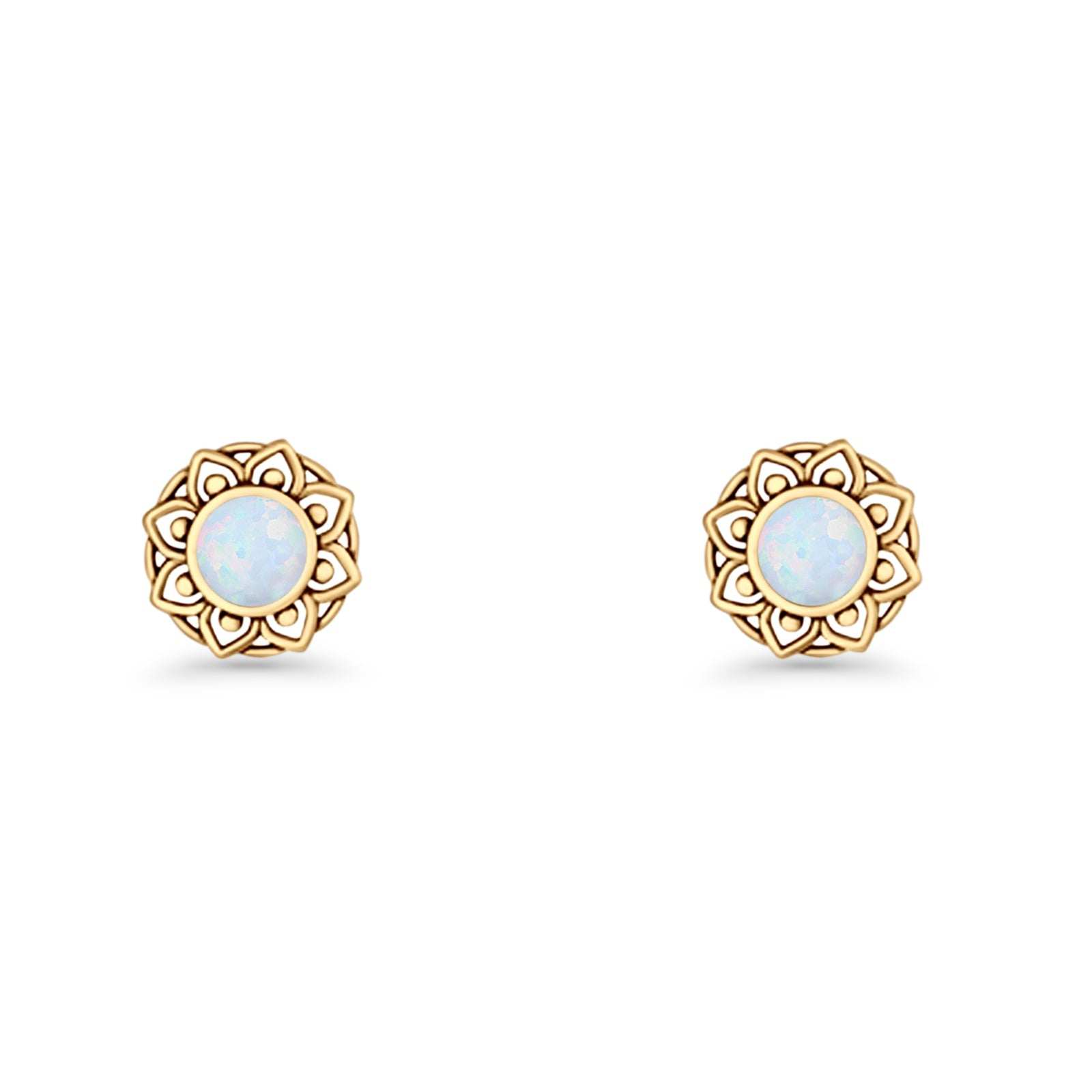 Sunflower Stud Earring 8.8mm Lab Created Opal Oxidized 925 Sterling Silver