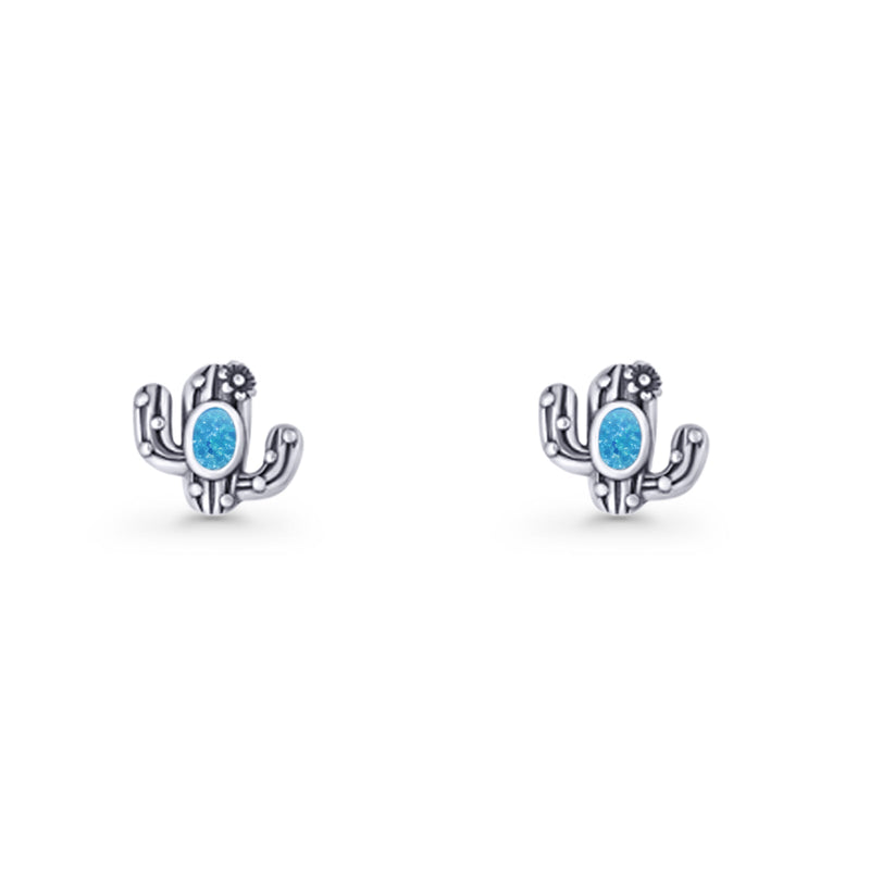 Cactus Stud Earring 8mm Oxidized Lab Created Opal 925 Sterling Silver