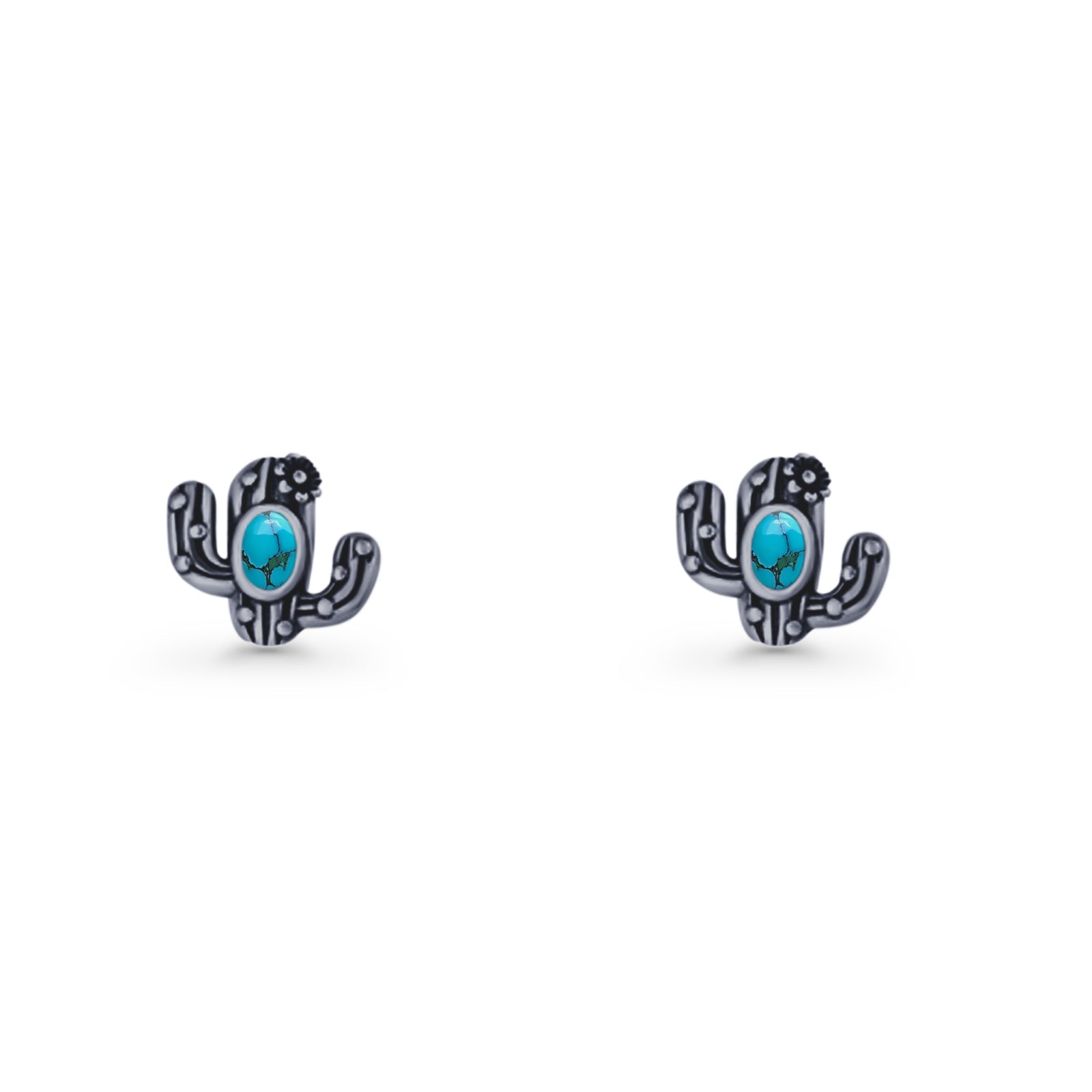 Cactus Stud Earring 8mm Oxidized Lab Created Opal 925 Sterling Silver