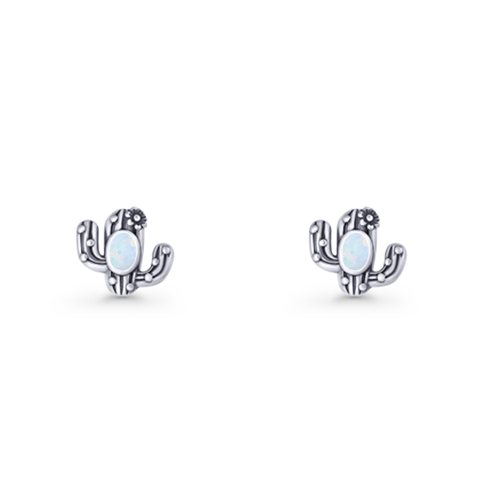 Cactus Stud Earring 8mm Oxidized Lab Created Opal 925 Sterling Silver