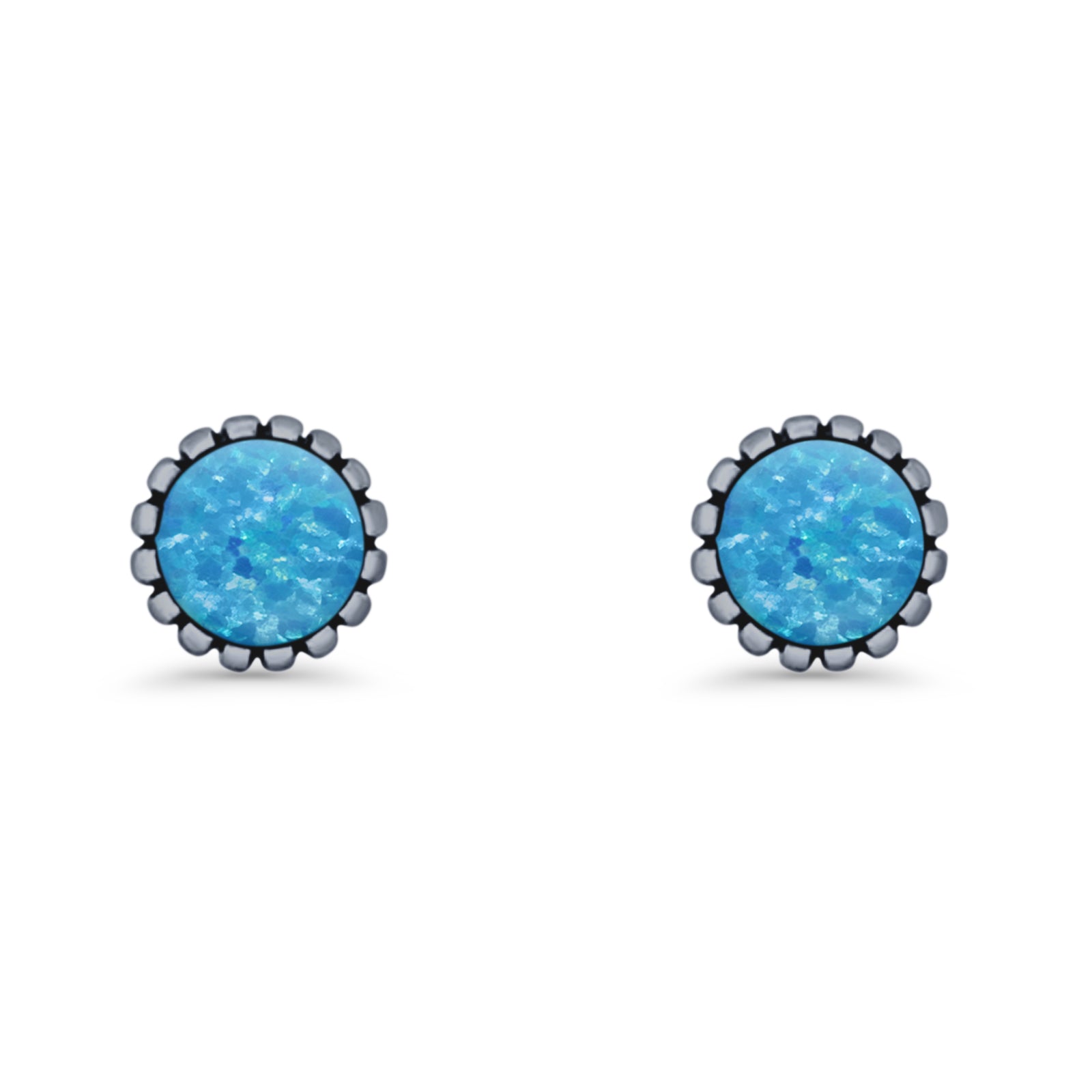Half Ball Oxidized Round Stud Earring Lab Created Opal 925 Sterling Silver