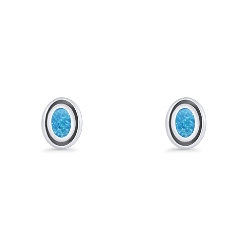 Oval Stud Earring 7.8mm Lab Created Opal Oxidized 925 Sterling Silver