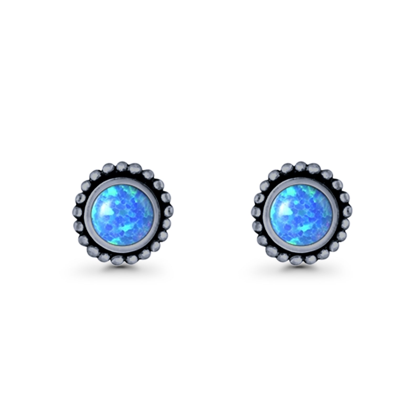 Round Lab Created Opal Beaded Oxidized Stud Earring 925 Sterling Silver
