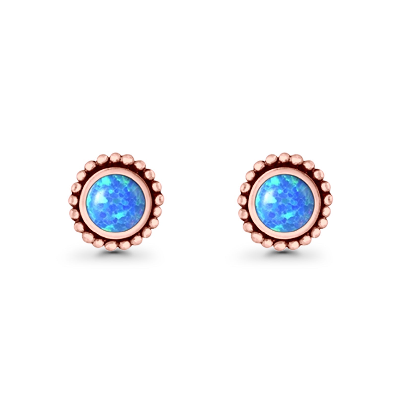 Round Lab Created Opal Beaded Oxidized Stud Earring 925 Sterling Silver