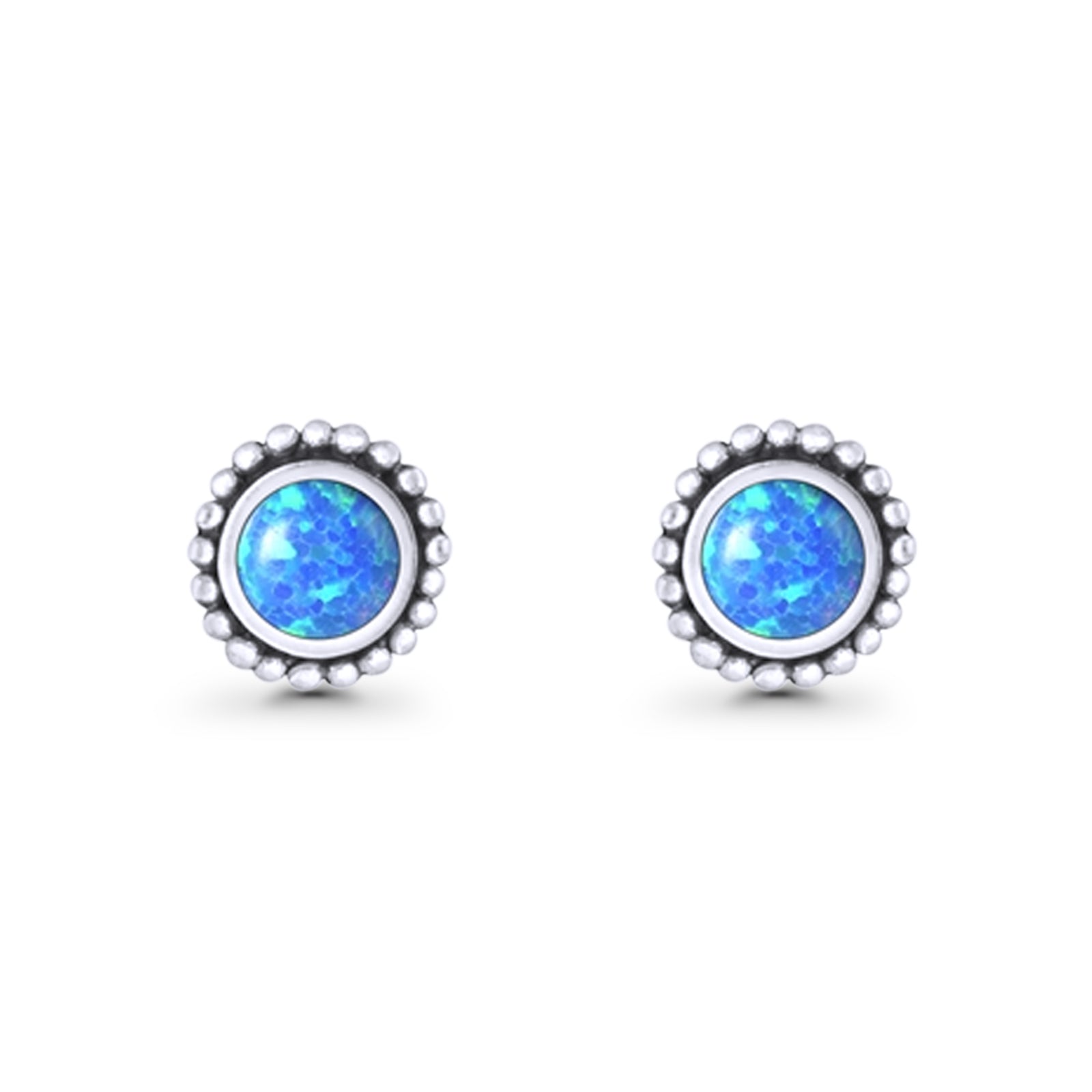Round Lab Created Opal Beaded Oxidized Stud Earring 925 Sterling Silver