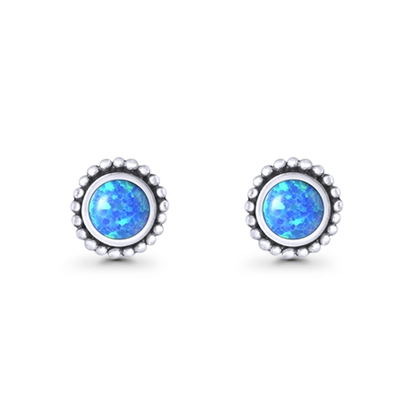 Round Lab Created Opal Beaded Oxidized Stud Earring 925 Sterling Silver
