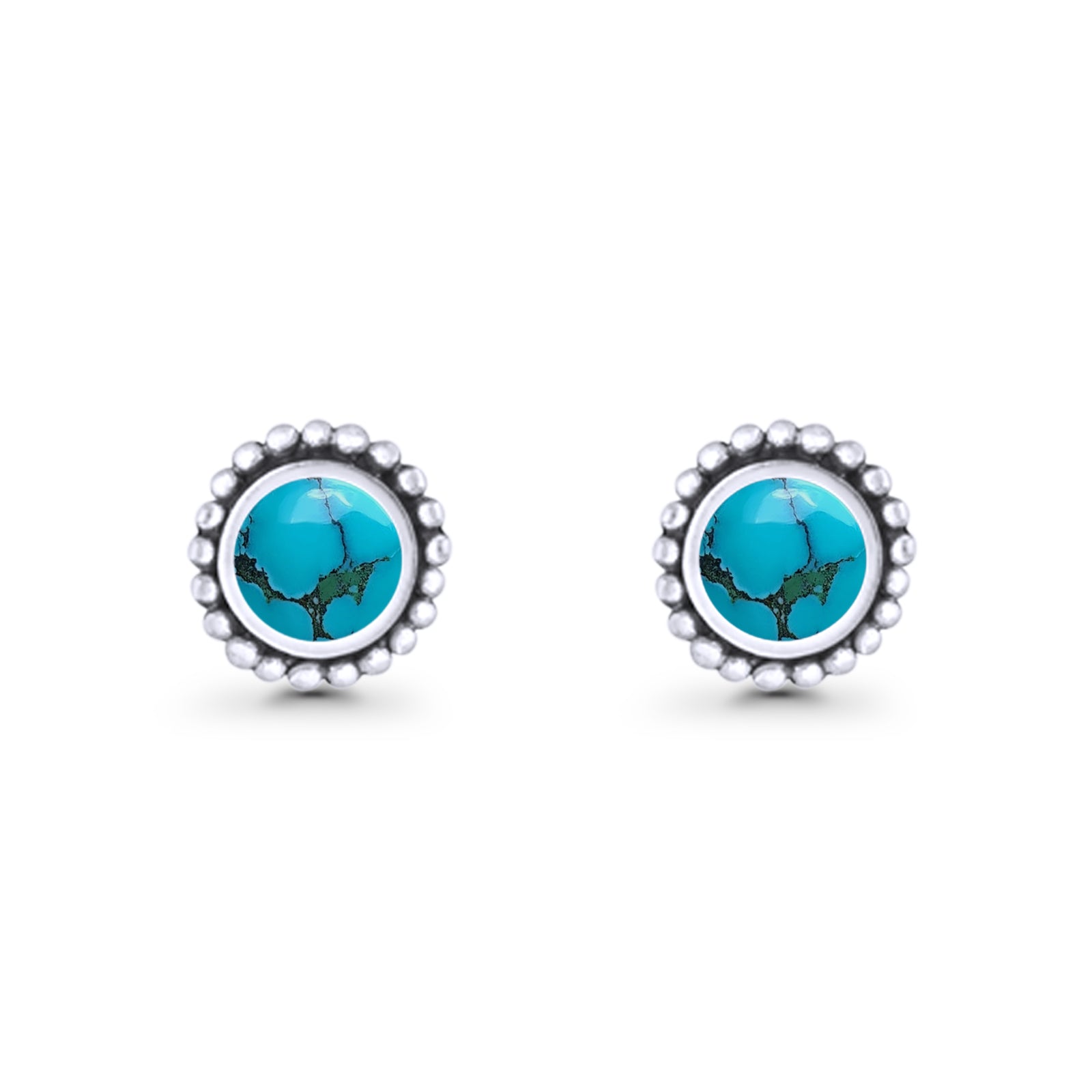Round Lab Created Opal Beaded Oxidized Stud Earring 925 Sterling Silver