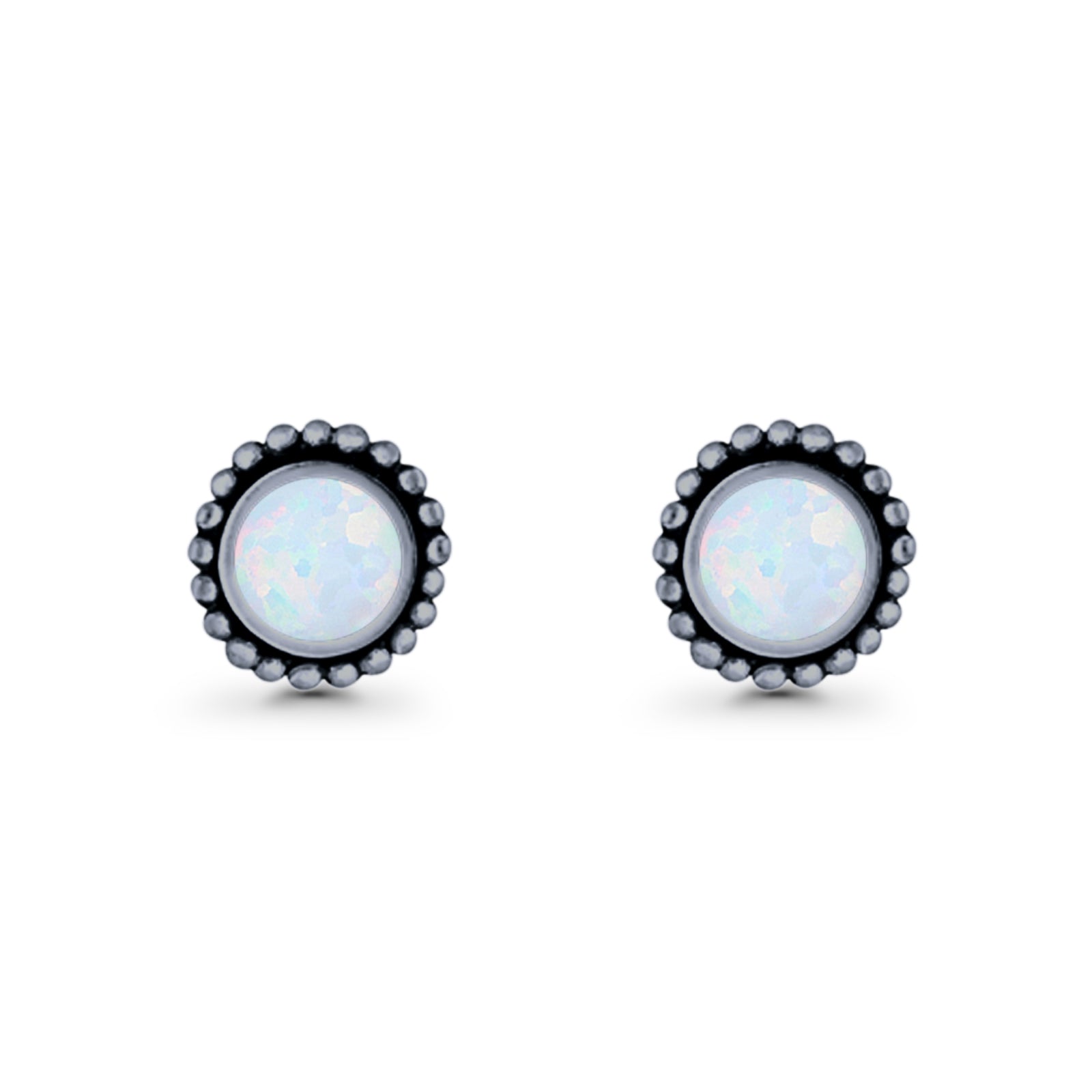 Round Lab Created Opal Beaded Oxidized Stud Earring 925 Sterling Silver