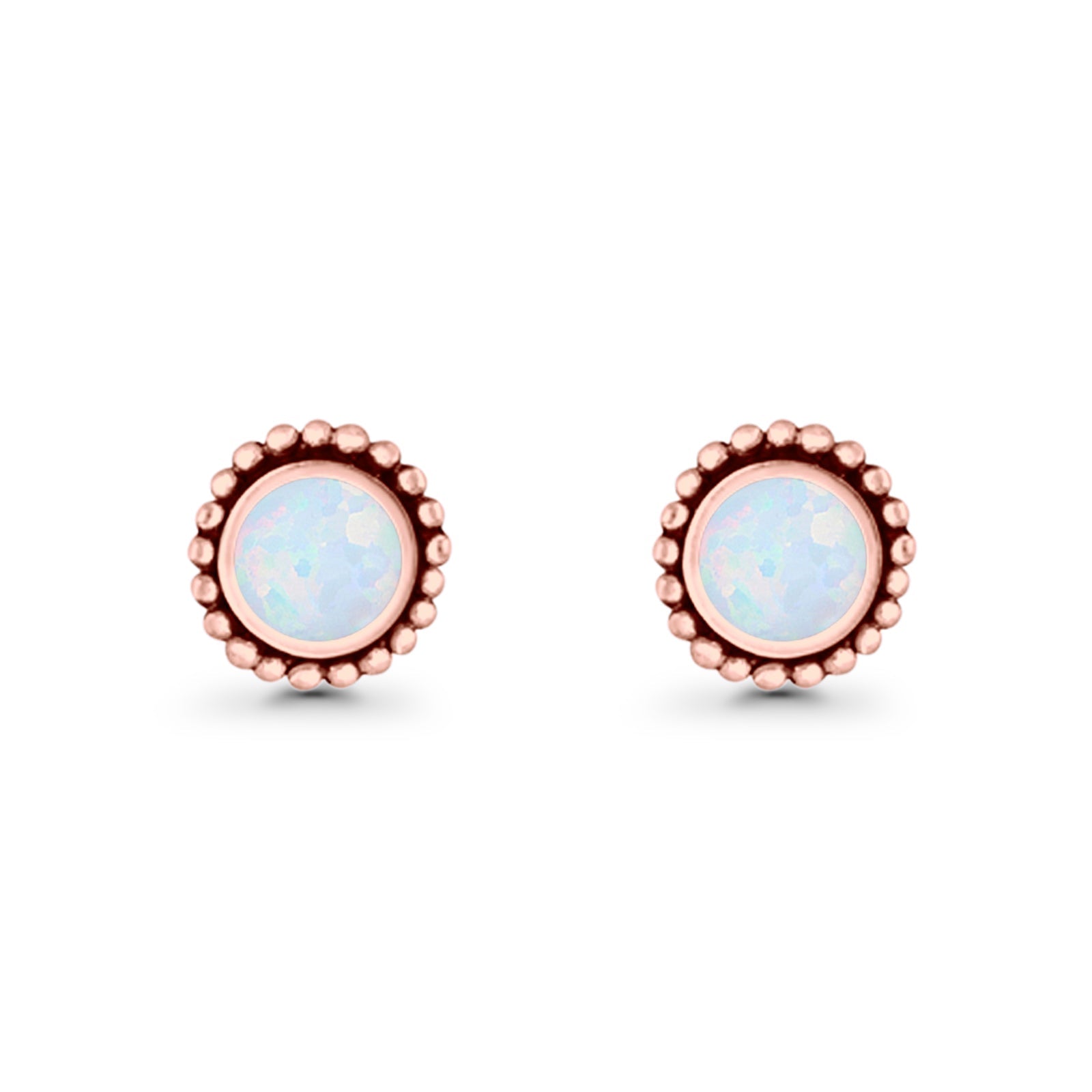 Round Lab Created Opal Beaded Oxidized Stud Earring 925 Sterling Silver