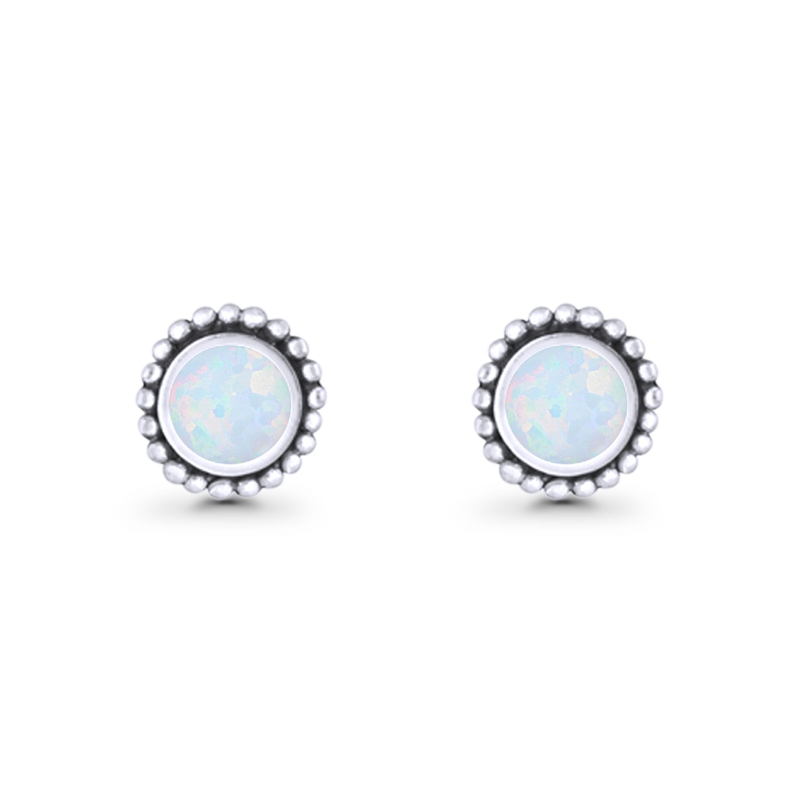 Round Lab Created Opal Beaded Oxidized Stud Earring 925 Sterling Silver