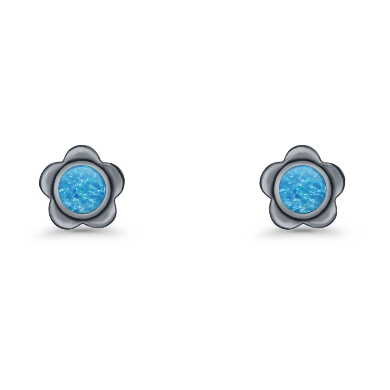 Flower 7.5mm Round Lab Created Opal Floral Stud Earring Oxidized 925 Sterling Silver