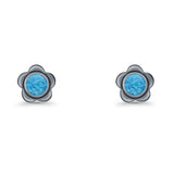 Flower 7.5mm Round Lab Created Opal Floral Stud Earring Oxidized 925 Sterling Silver