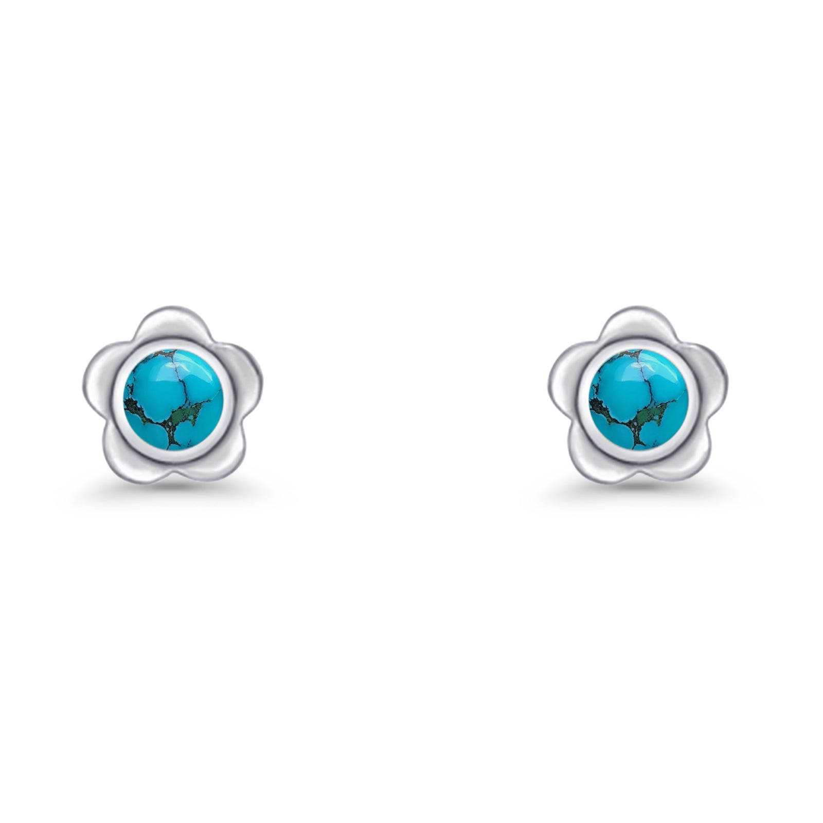 Flower 7.5mm Round Lab Created Opal Floral Stud Earring Oxidized 925 Sterling Silver