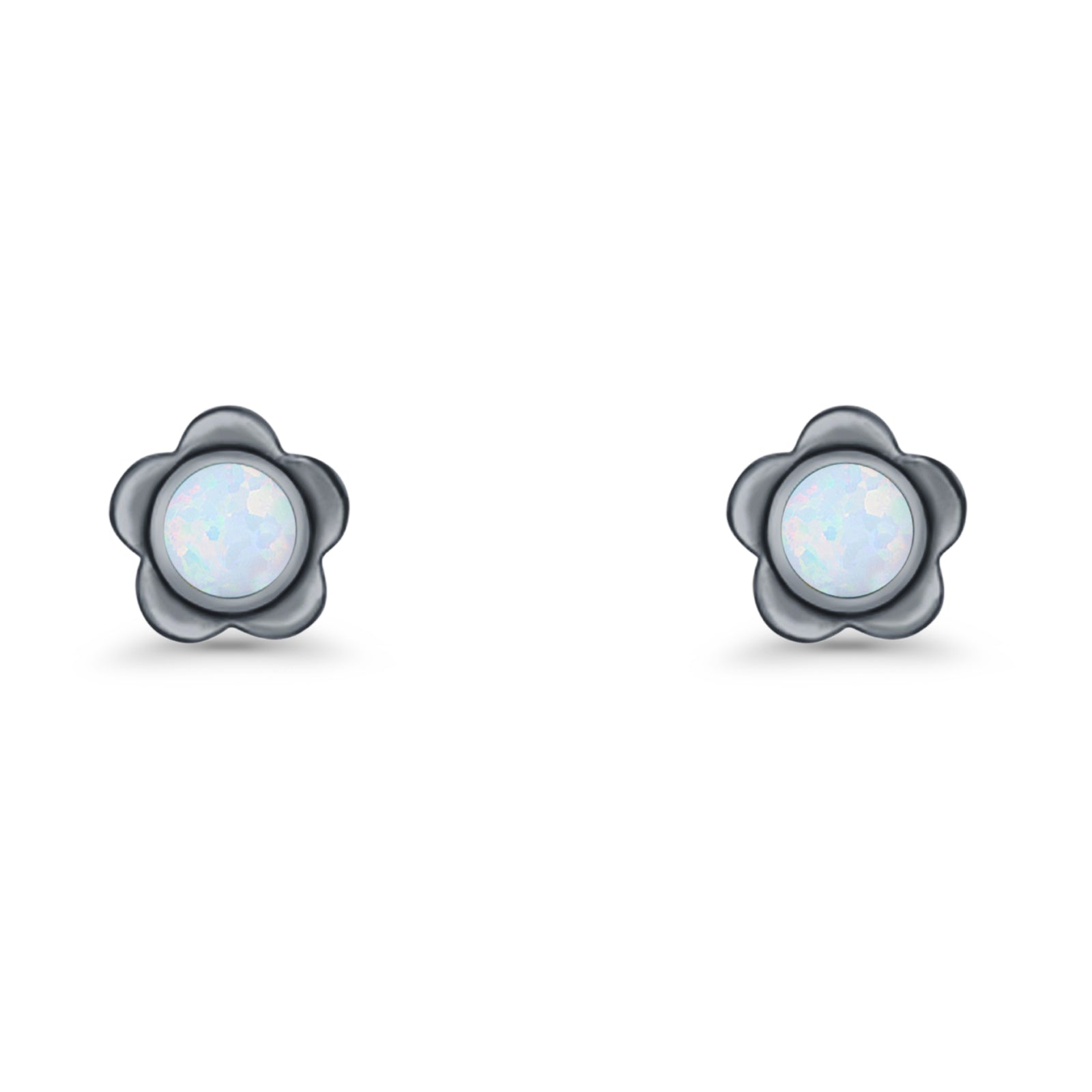 Flower 7.5mm Round Lab Created Opal Floral Stud Earring Oxidized 925 Sterling Silver