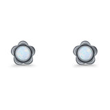 Flower 7.5mm Round Lab Created Opal Floral Stud Earring Oxidized 925 Sterling Silver