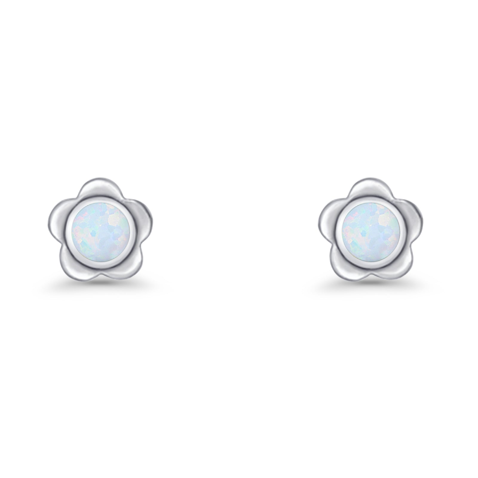 Flower 7.5mm Round Lab Created Opal Floral Stud Earring Oxidized 925 Sterling Silver
