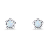 Flower 7.5mm Round Lab Created Opal Floral Stud Earring Oxidized 925 Sterling Silver