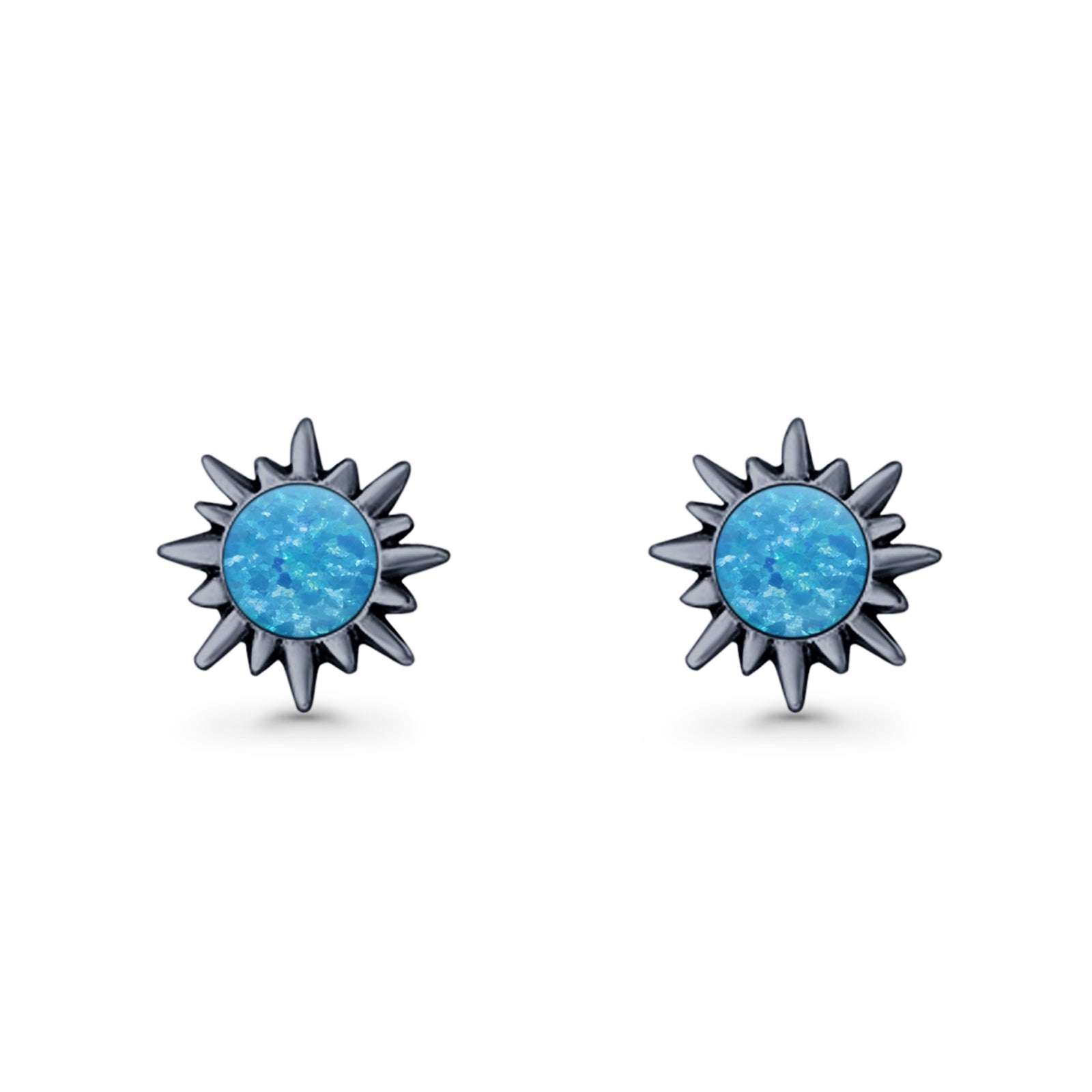 Sunflower 11mm Round Lab Created Opal Stud Earring Star Oxidized 925 Sterling Silver