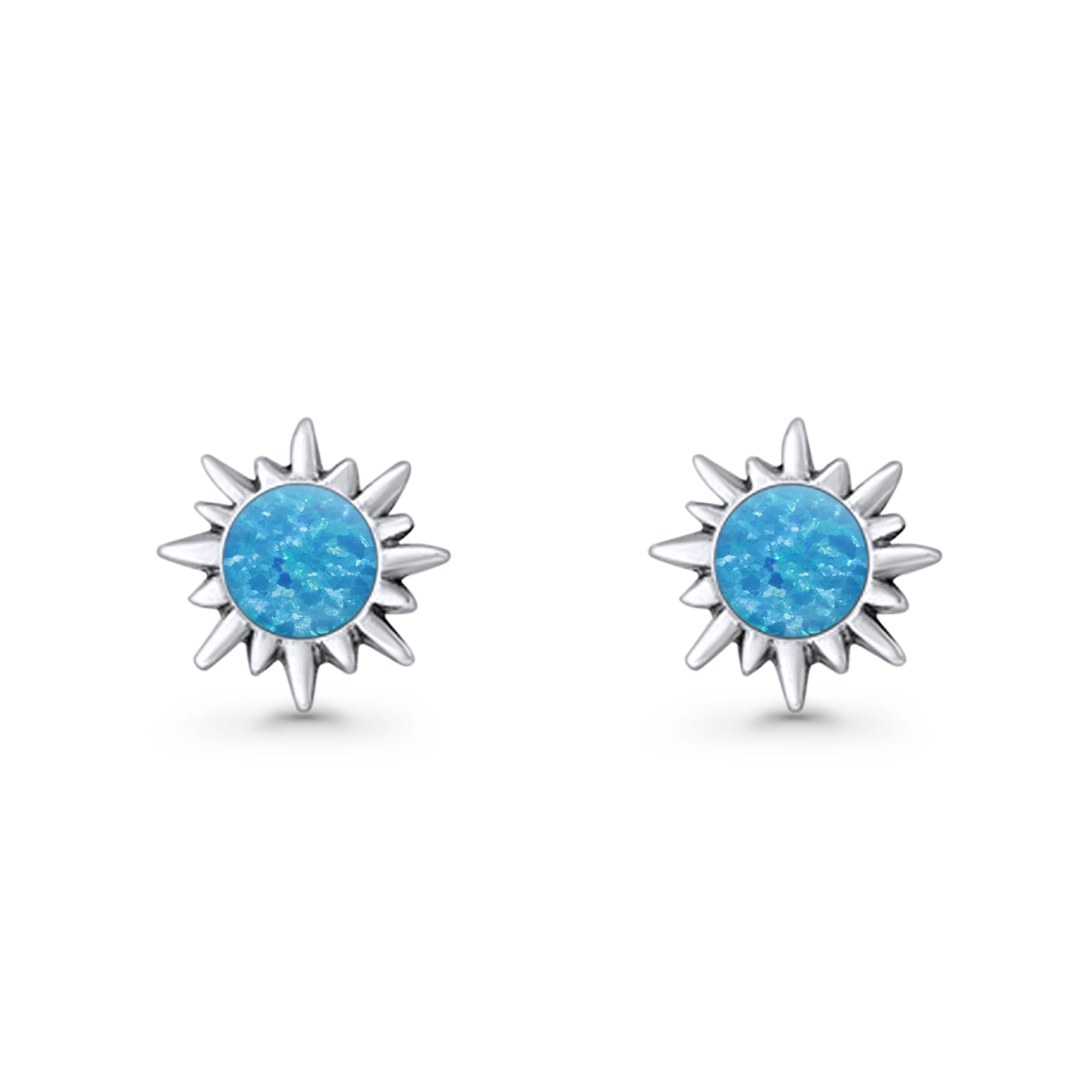Sunflower 11mm Round Lab Created Opal Stud Earring Star Oxidized 925 Sterling Silver