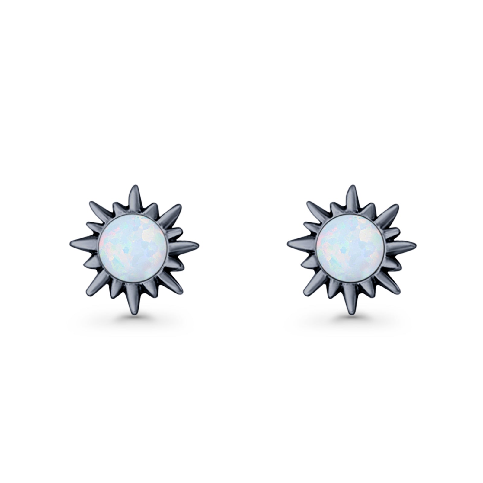 Sunflower 11mm Round Lab Created Opal Stud Earring Star Oxidized 925 Sterling Silver