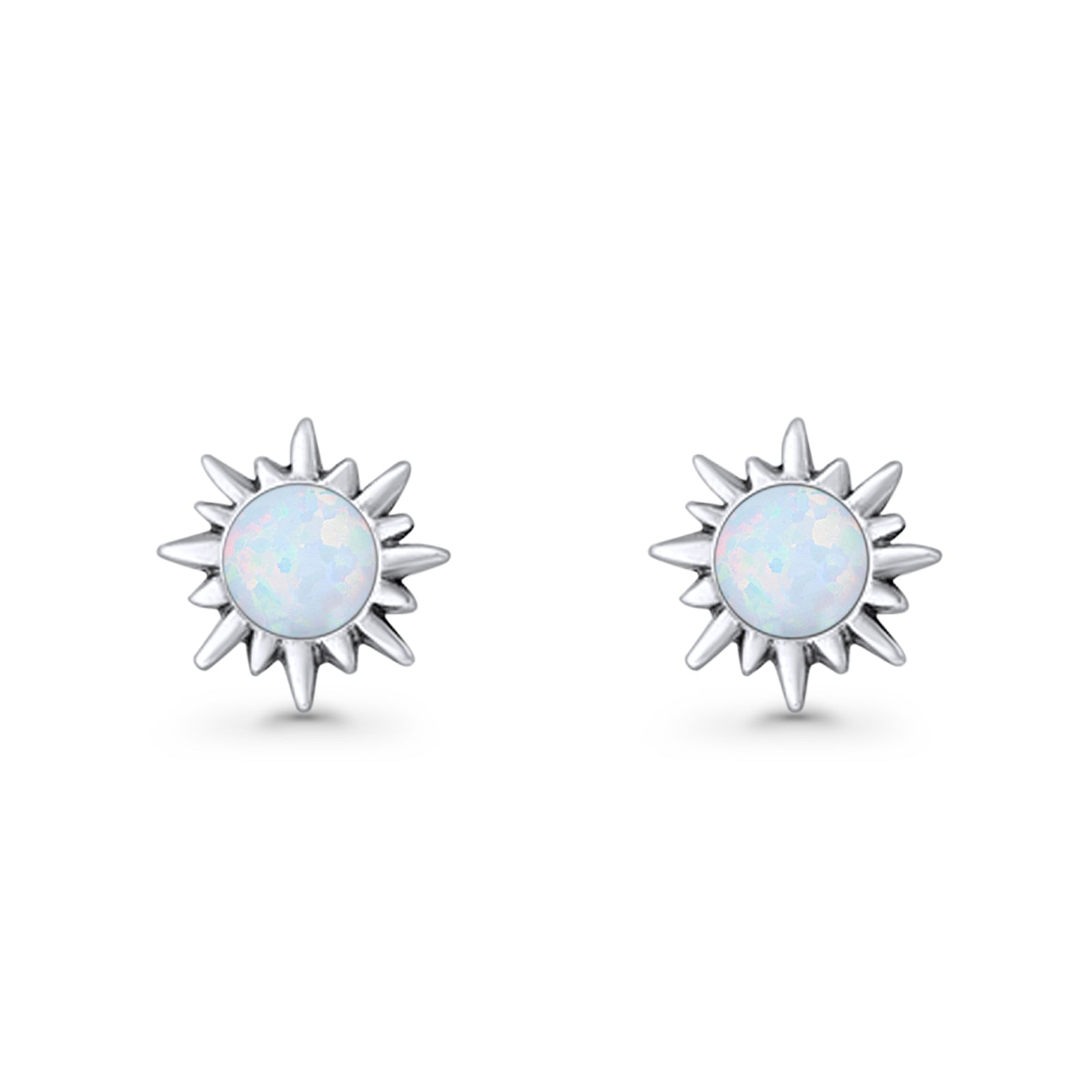 Sunflower 11mm Round Lab Created Opal Stud Earring Star Oxidized 925 Sterling Silver