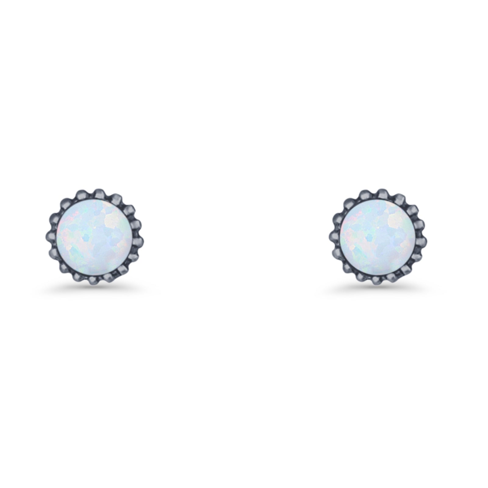 Round 7.3mm Stud Earring Lab Created Opal Oxidized 925 Sterling Silver