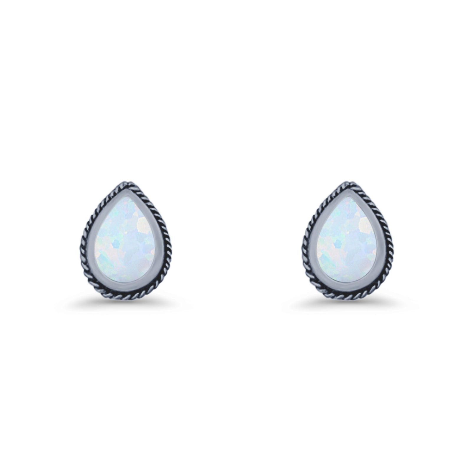 Pear Teardrop Twisted Rope Lab Created Opal Stud Earring Oxidized 925 Sterling Silver