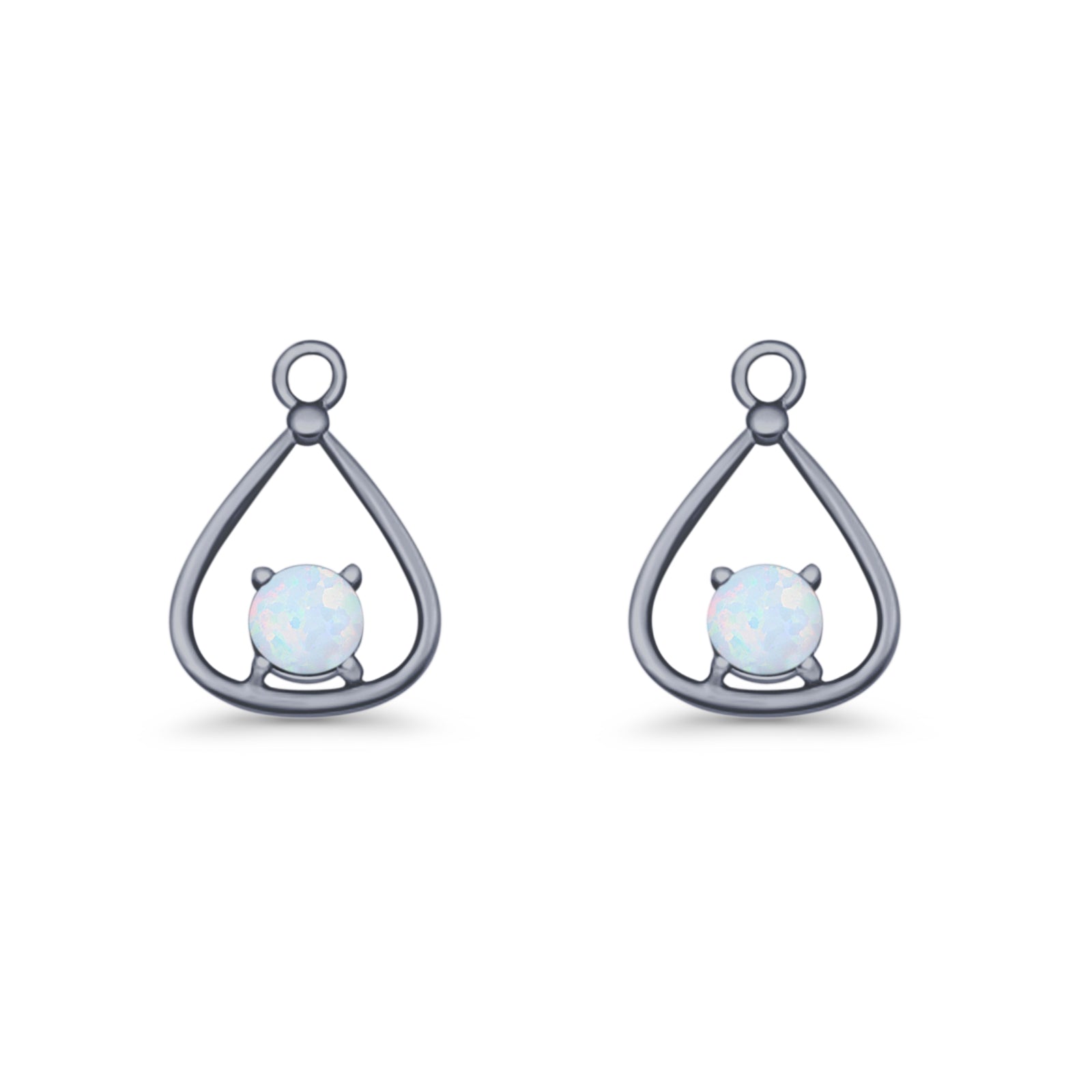 Pear 15.2mm Fishhook Earring Oxidized Round Lab Created Opal 925 Sterling Silver