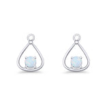 Pear 15.2mm Fishhook Earring Oxidized Round Lab Created Opal 925 Sterling Silver