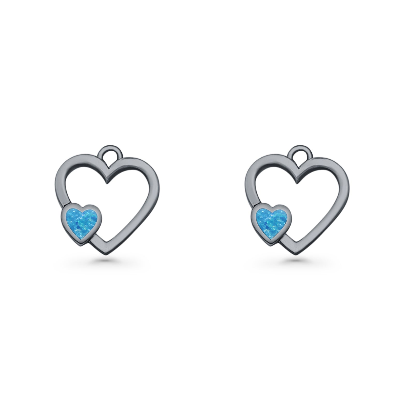 Heart Fishhook Earrings 13.2mm Lab Created Opal Oxidized 925 Sterling Silver