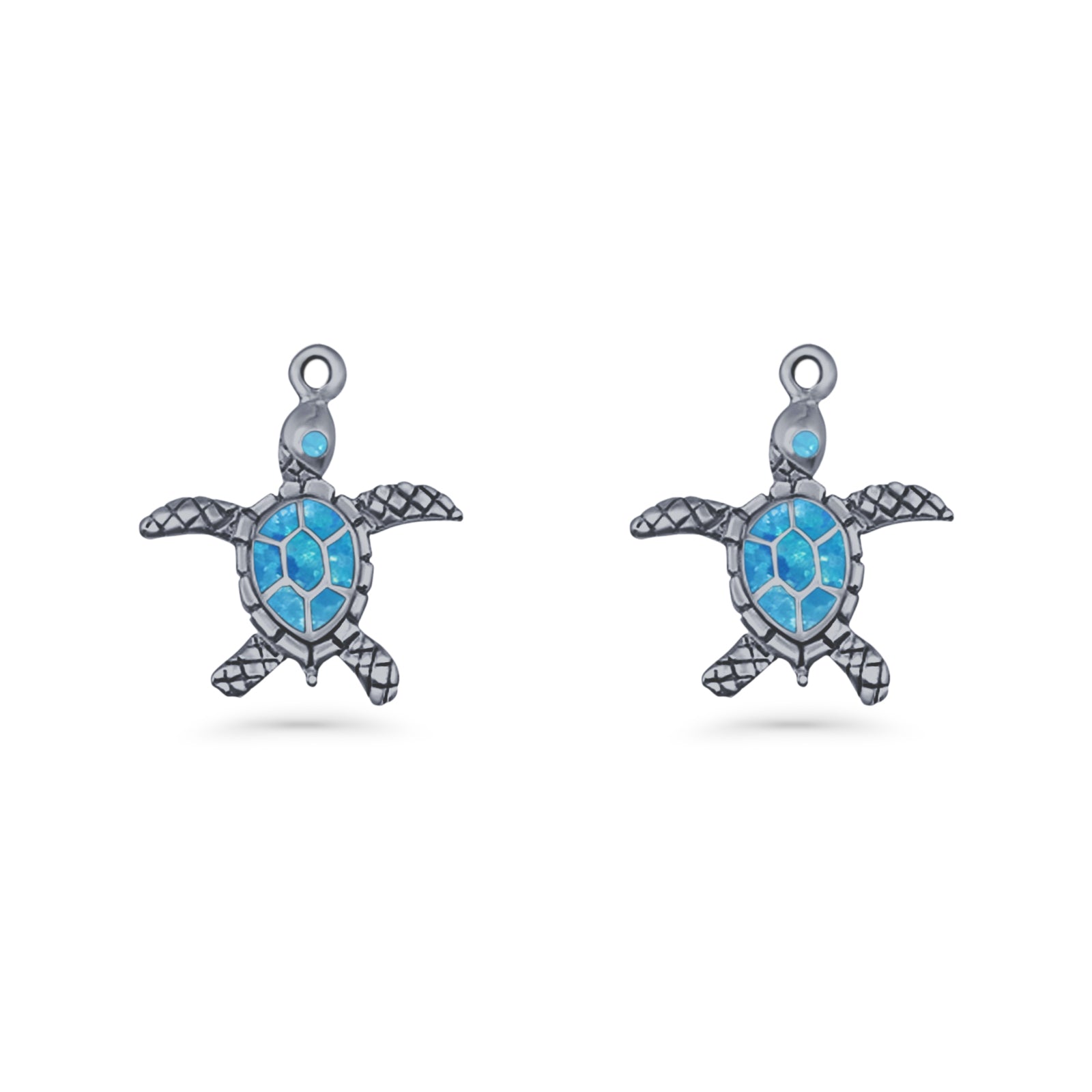 Turtle Dangle Drop 17.3mm Fishhook Earring Lab Created Blue Opal 925 Sterling Silver